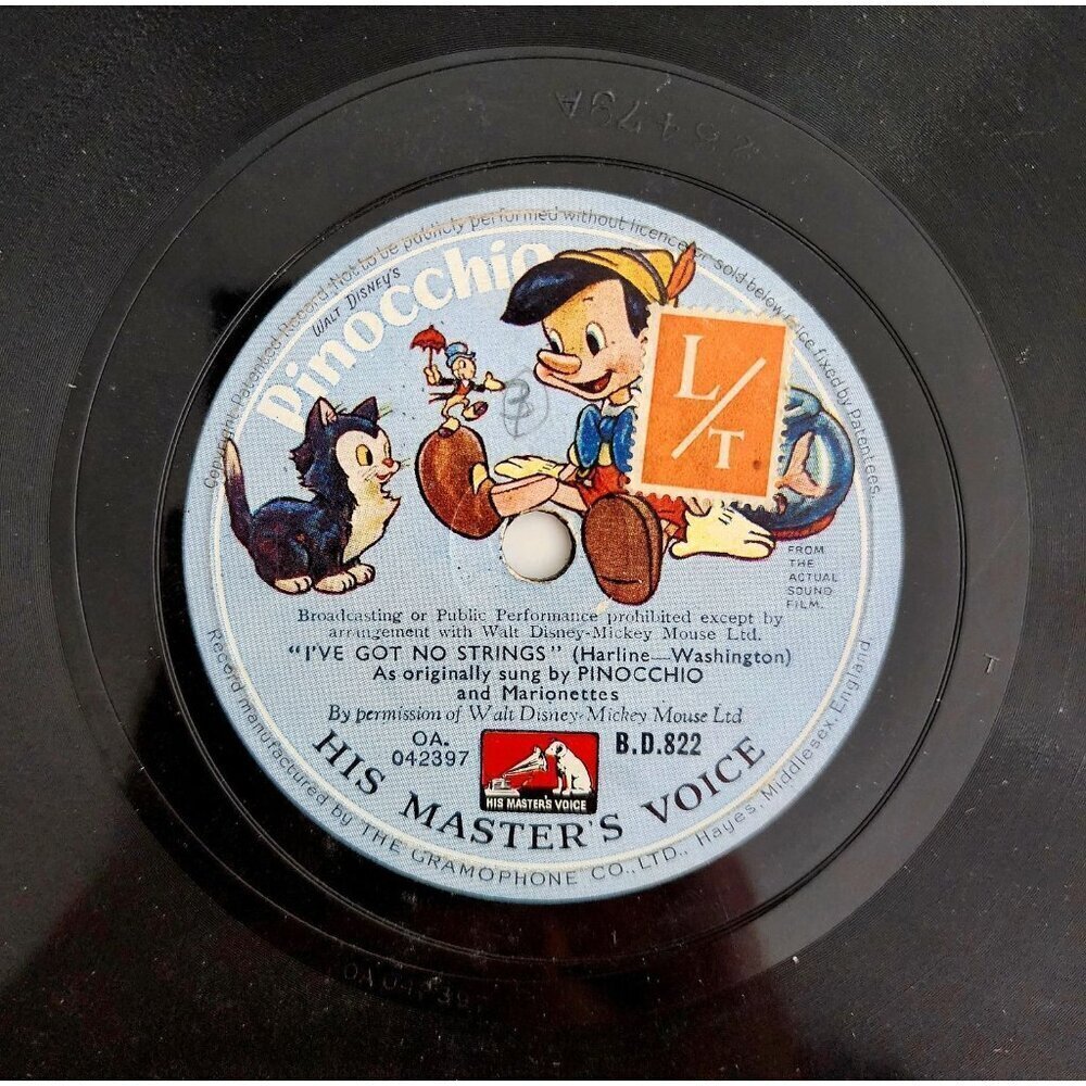 1940 Walt Disney Pinocchio 78 Record 10" I've Got No Strings Hi Diddle Dee 78A - Picture 1 of 2